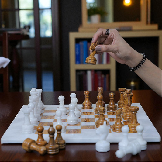 Marble Hives Luxury Handmade Marble Chess Set – White and Dark Brown