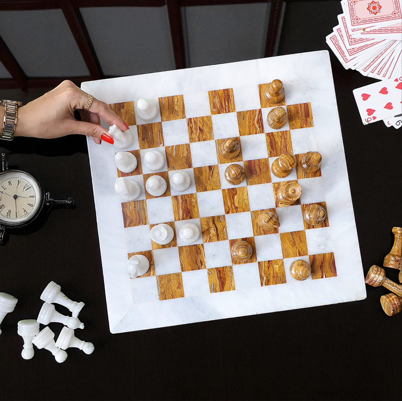 Marble Hives Luxury Handmade Marble Chess Set – White and Dark Brown