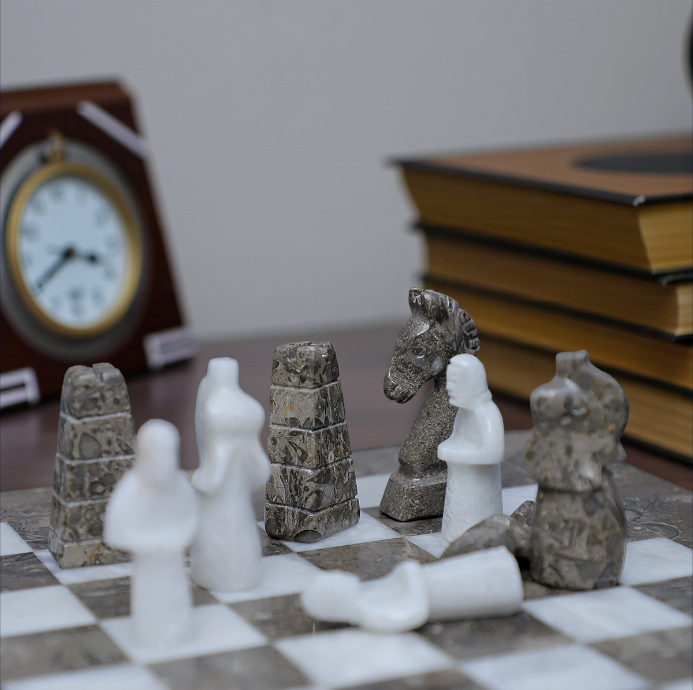 Marble Hives Luxury Handmade Marble Chess Set – White & Oceanic 12 x 12 inches