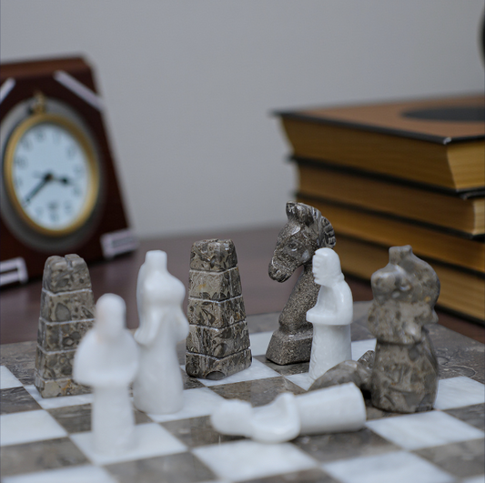Marble Hives Luxury Handmade Marble Chess Set – White & Oceanic 12 x 12 inches