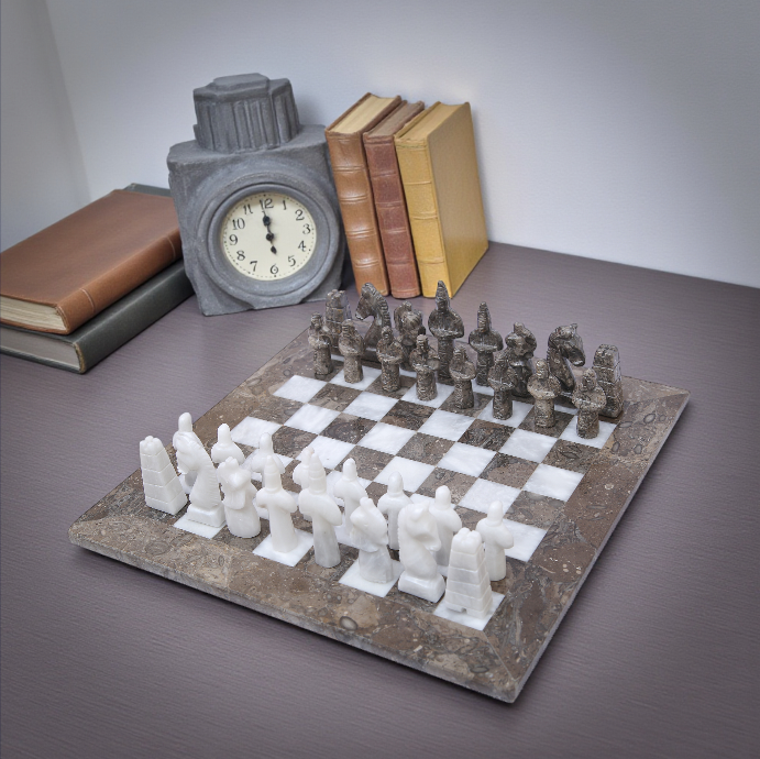 Marble Hives Luxury Handmade Marble Chess Set – White & Oceanic 12 x 12 inches