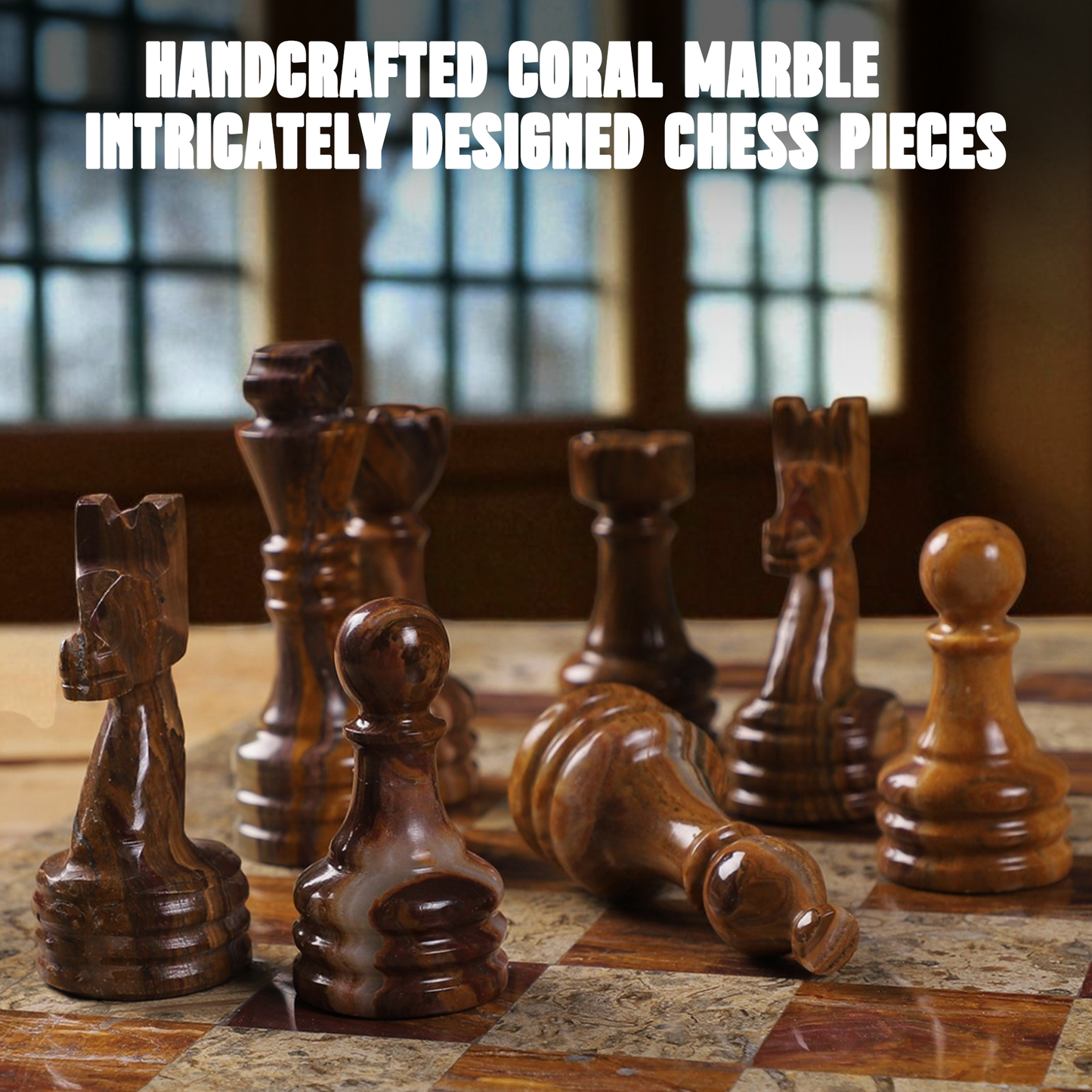 Marble Hives Luxury Handmade Marble Chess Set – Brown and Coral