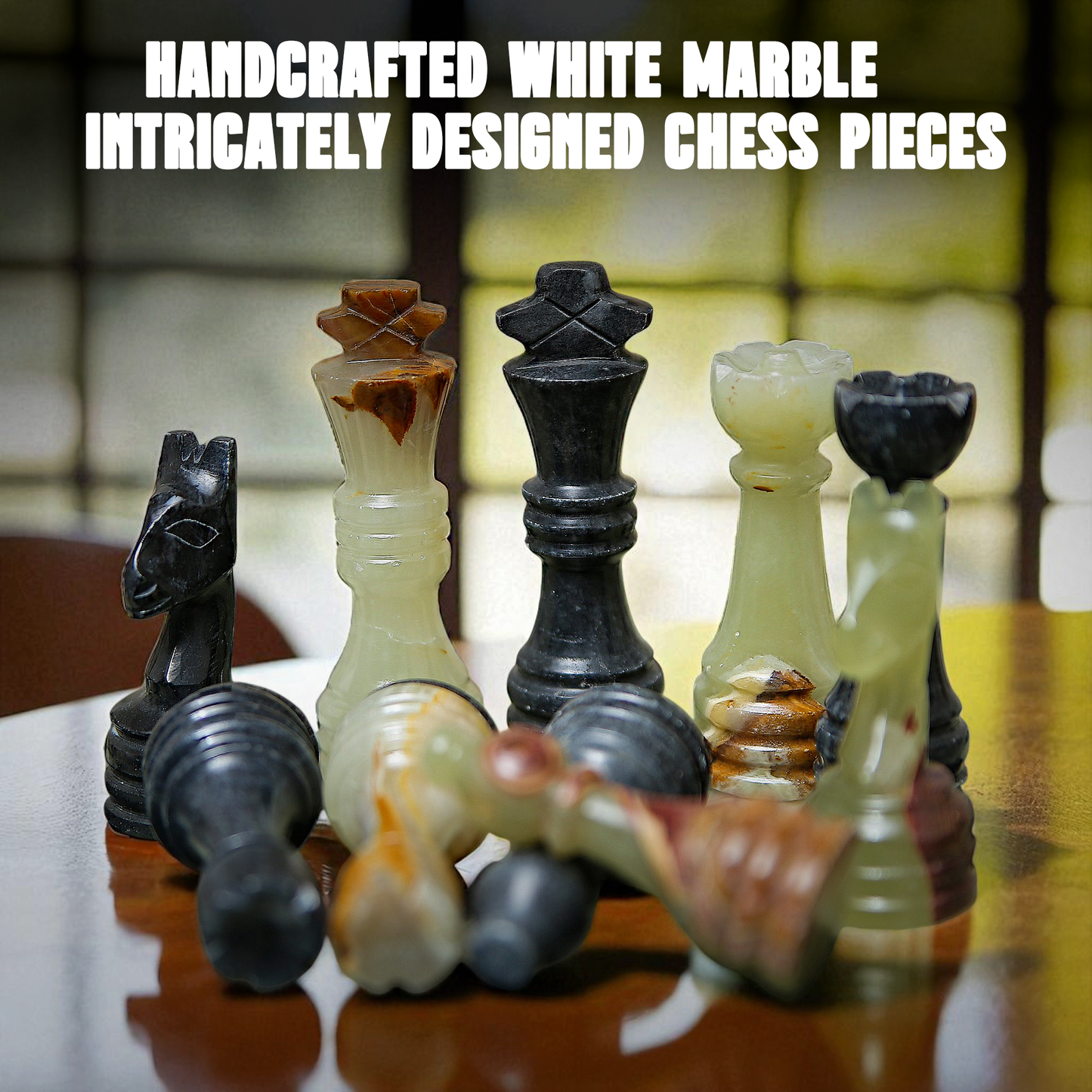 Marble Hives Luxury Handmade Marble Chess Set -Onyx and Black -10 Inch