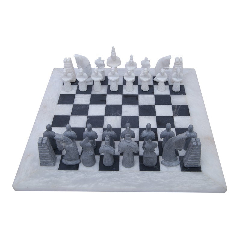 White and Black Matt Marble Statue Ancient Egyptian Chess Set