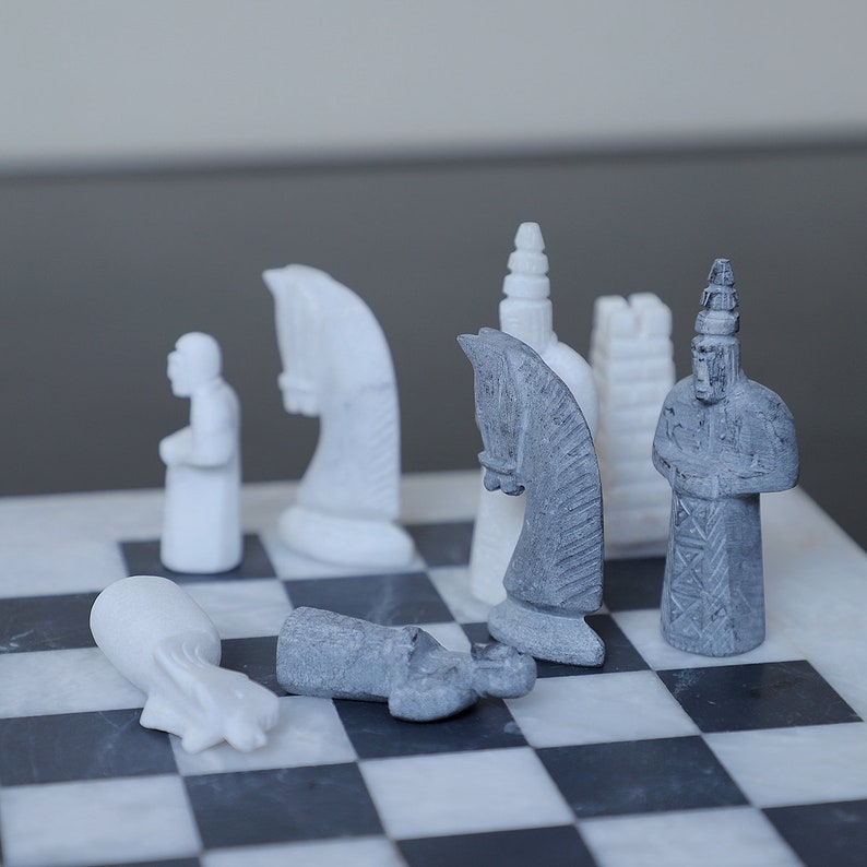White and Black Matt Marble Statue Ancient Egyptian Chess figures