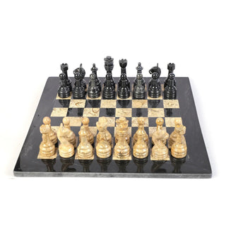 black and fossil marble chess set