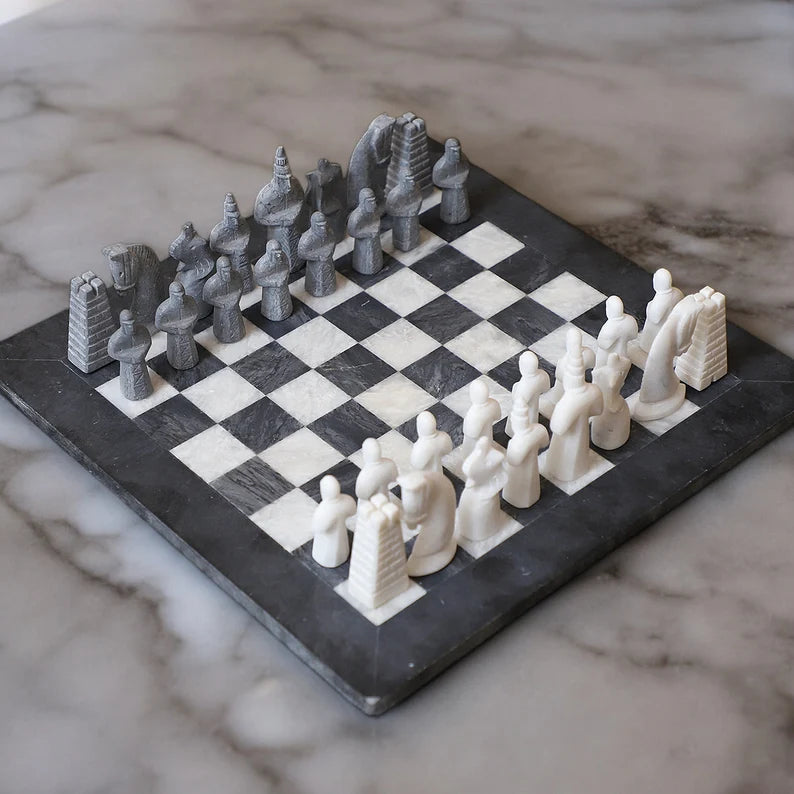 black and white matt antique marble chess set