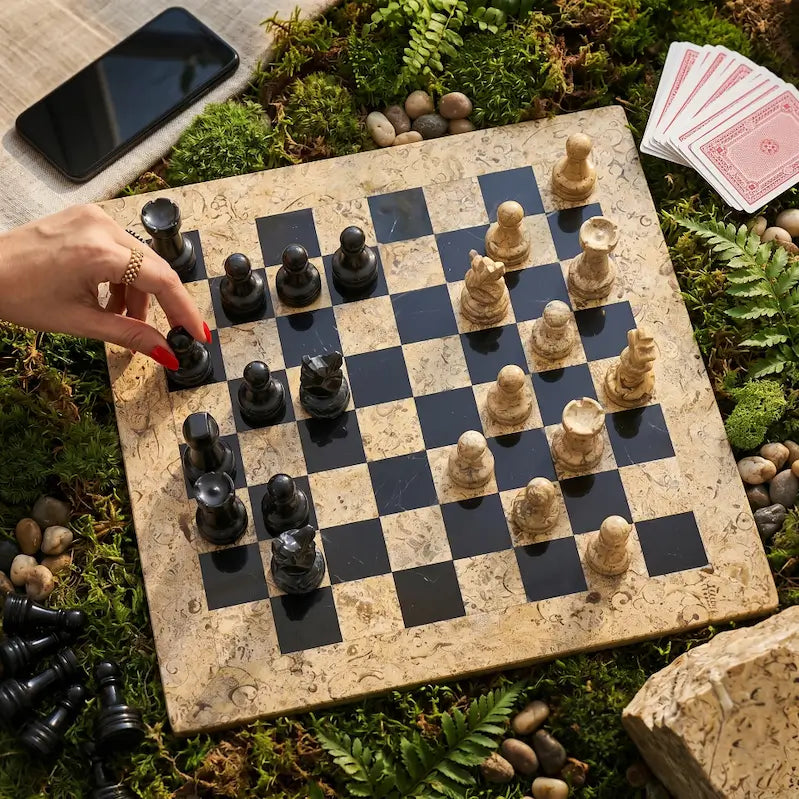12 Inch Coral and Black Marble Chess Set