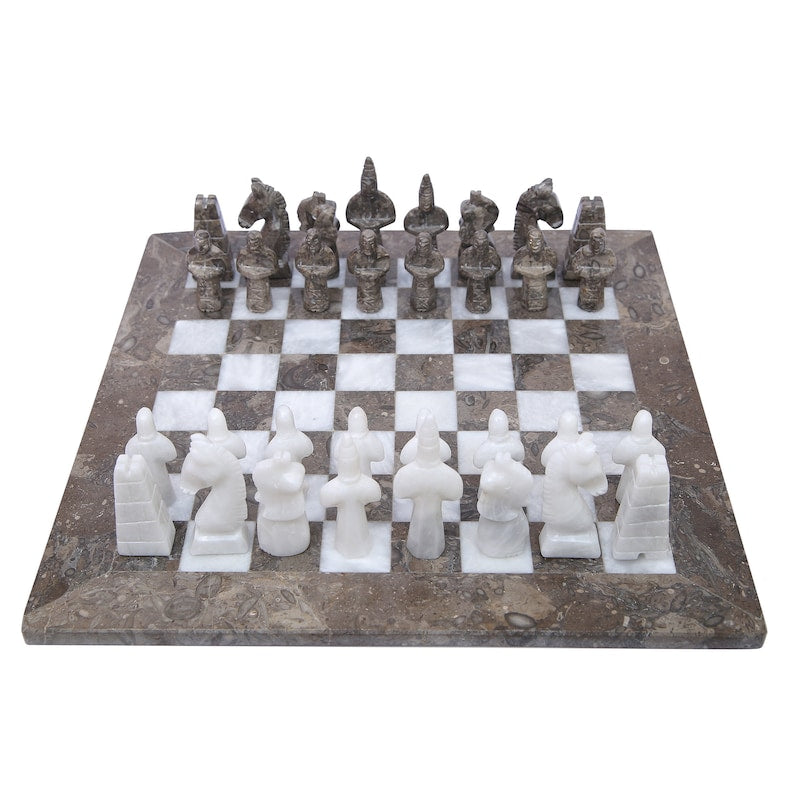 grey and white antique marble chess set with white background