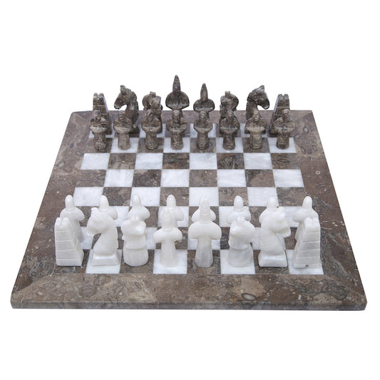 grey and white antique marble chess set with white background