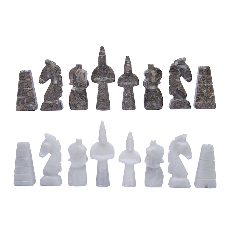 grey and white ancient egyptian gods chess figures