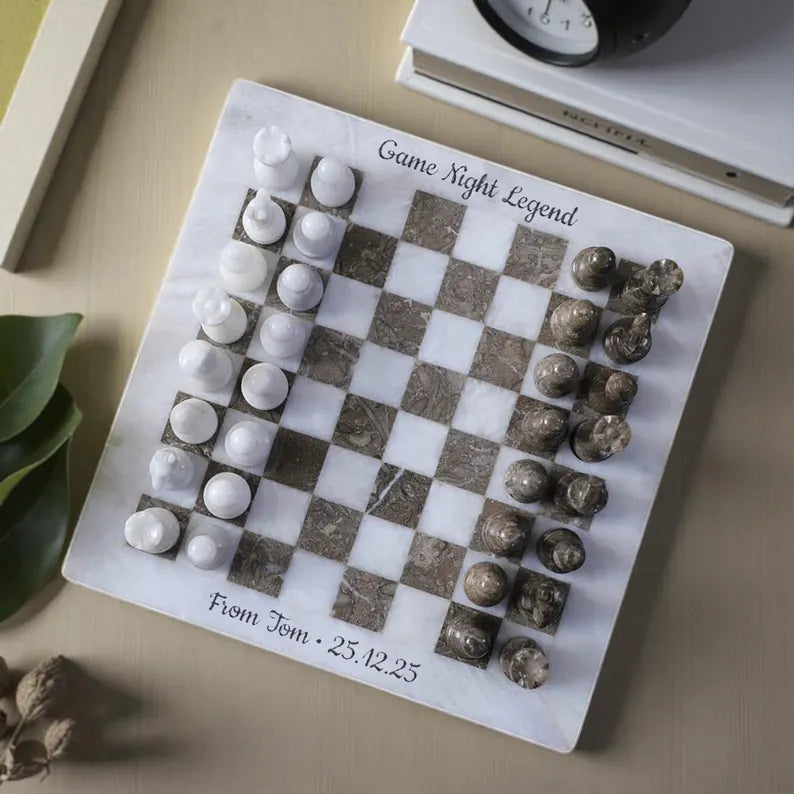 12 Inch White & Oceanic Grey Marble Chess Set