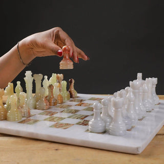 12 Inch White and Green Onyx Marble Chess Set